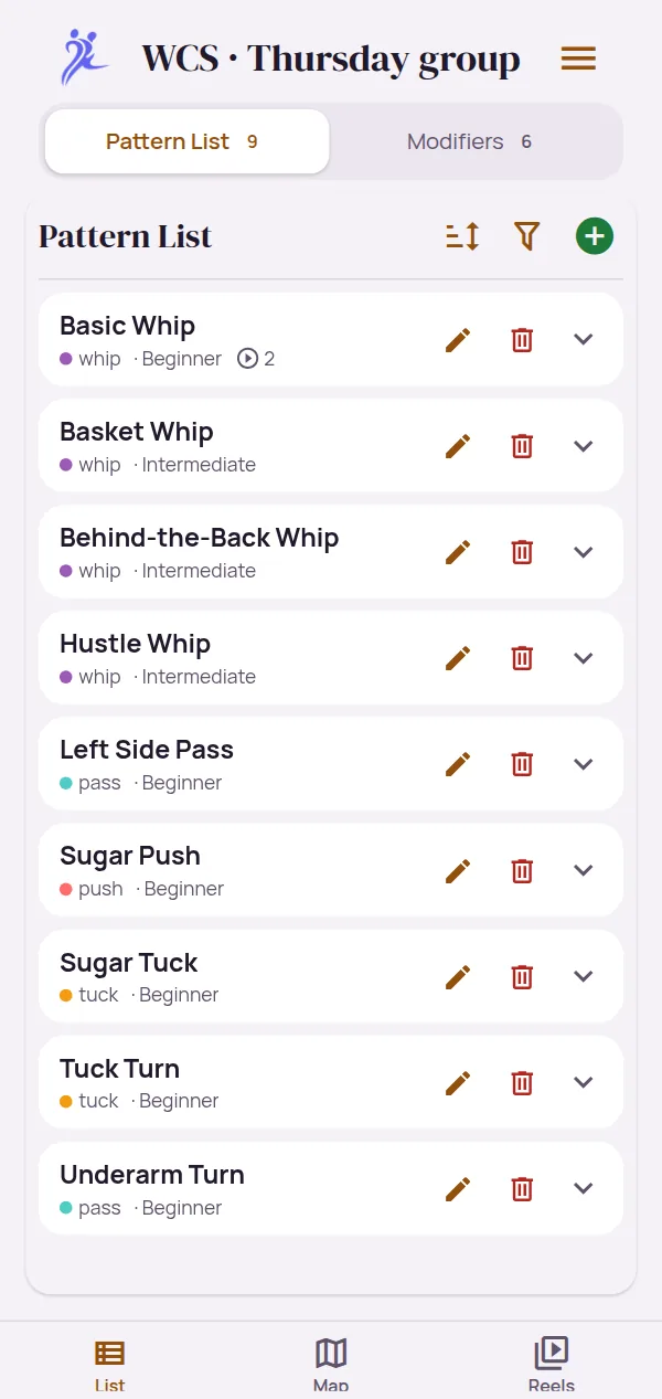 The List tab of a West Coast Swing course: basic, basket, behind-the-back and hustle whips, left side pass, sugar push, sugar tuck, tuck turn and underarm turn, each with its type and level, and the List, Map and Reels tabs at the bottom