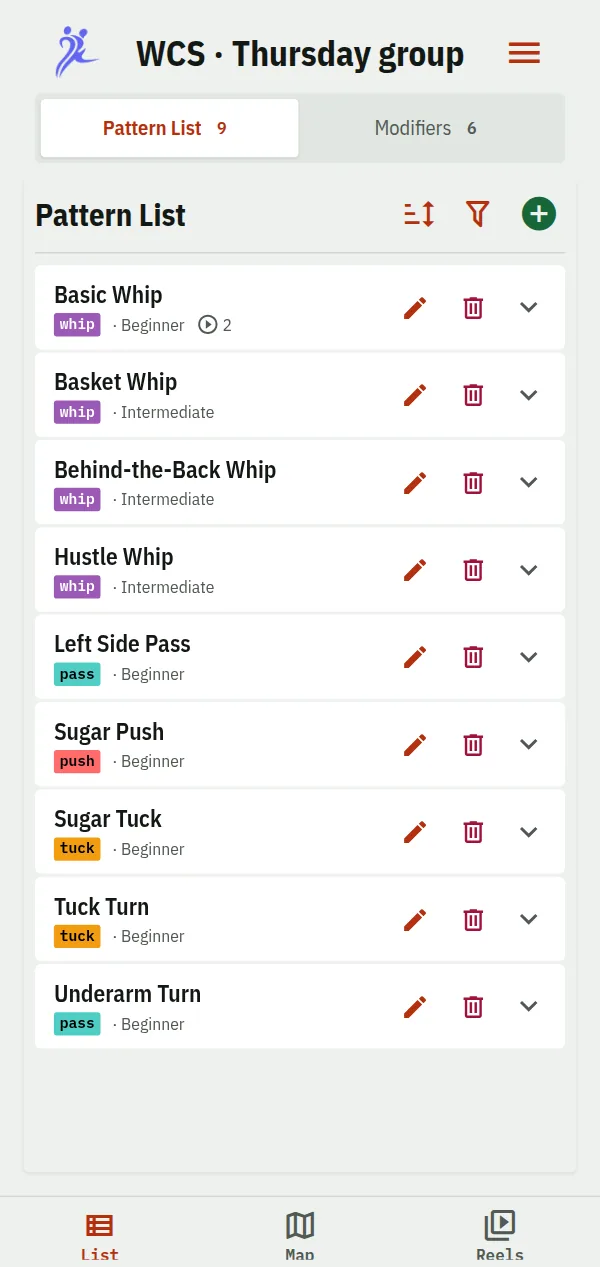 The List tab of a West Coast Swing course: basic, basket, behind-the-back and hustle whips, left side pass, sugar push, sugar tuck, tuck turn and underarm turn, each with its type and level, and the List, Map and Reels tabs at the bottom