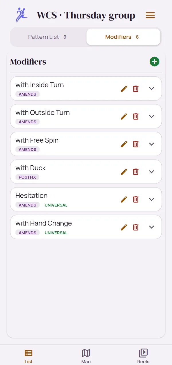 The modifiers of a course list: with Inside Turn, with Outside Turn and with Free Spin change a pattern, with Duck comes after it, and Hesitation and with Hand Change are universal
