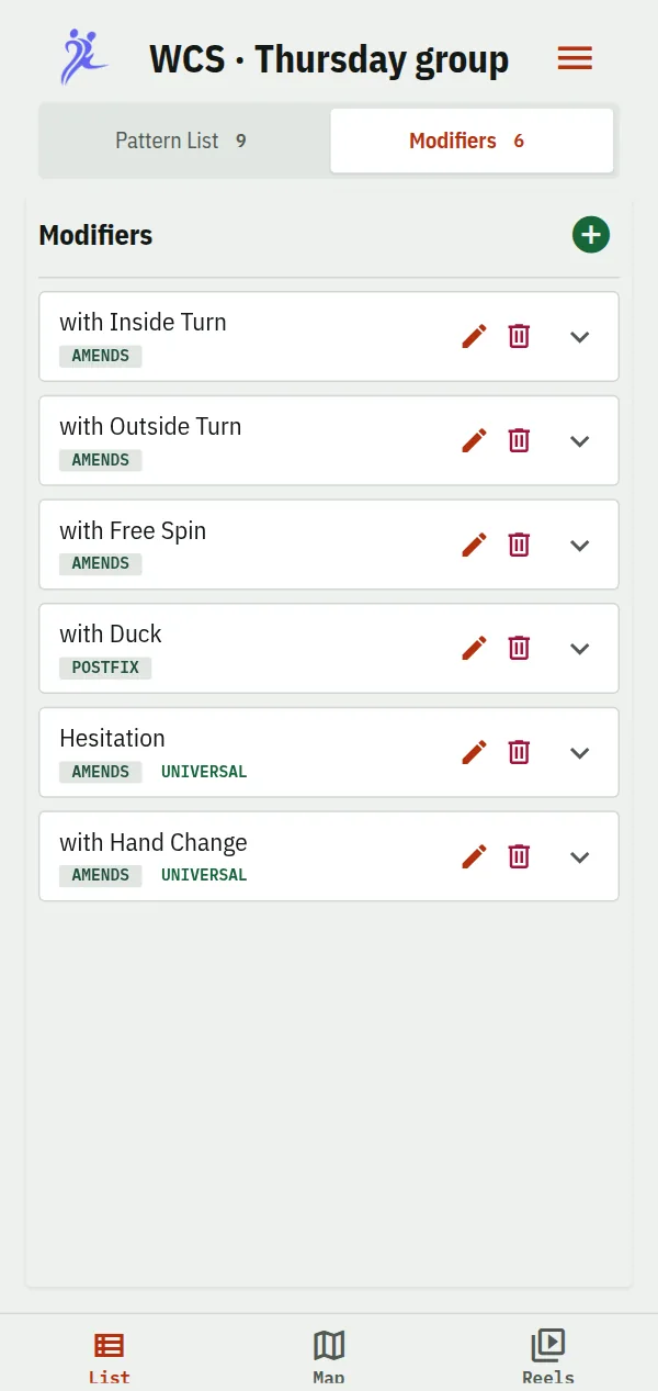 The modifiers of a course list: with Inside Turn, with Outside Turn and with Free Spin change a pattern, with Duck comes after it, and Hesitation and with Hand Change are universal