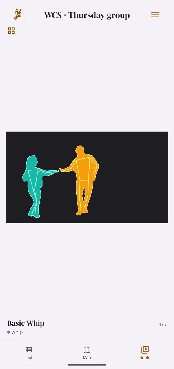 A reel of the basic whip, the first of its three videos: an anonymized clip in which the two dancers are coloured silhouettes