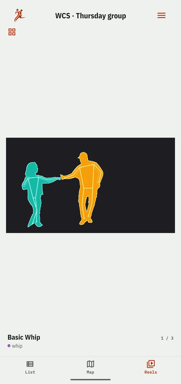 A reel of the basic whip, the first of its three videos: an anonymized clip in which the two dancers are coloured silhouettes