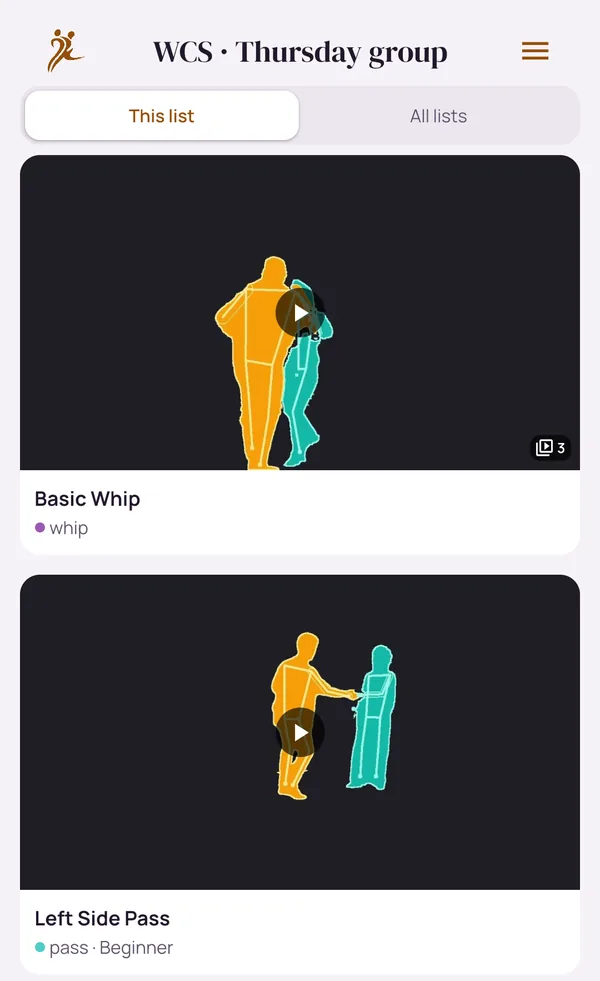 The Reels overview for this list: stills of the basic whip, marked as having three videos, and of the left side pass