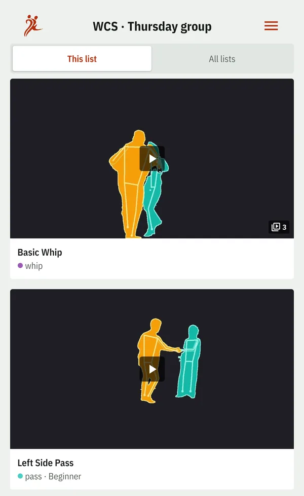 The Reels overview for this list: stills of the basic whip, marked as having three videos, and of the left side pass