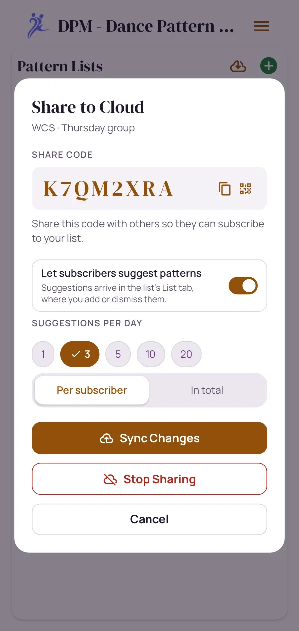 Sharing a course list: its share code, K7QM2XRA, with buttons to copy it and show it as a QR code, and subscribers allowed to suggest three patterns a day each