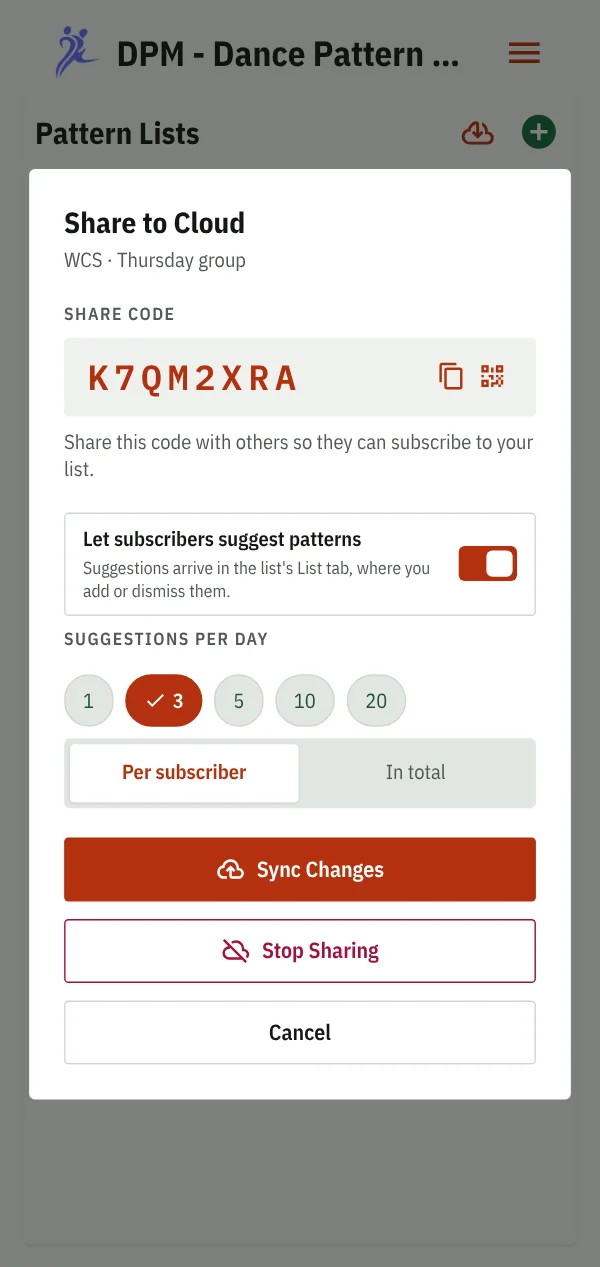 Sharing a course list: its share code, K7QM2XRA, with buttons to copy it and show it as a QR code, and subscribers allowed to suggest three patterns a day each