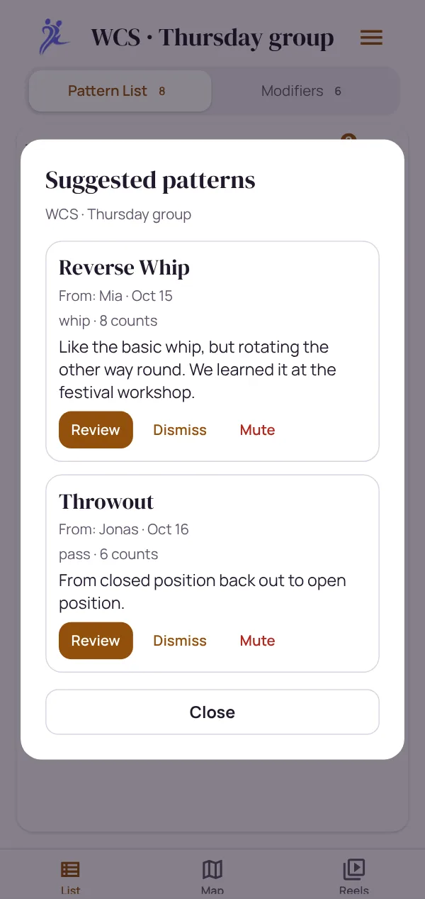 Two suggested patterns waiting in the course list: Mia's Reverse Whip and Jonas's Throwout, each with its type, counts and description, and buttons to review, dismiss or mute