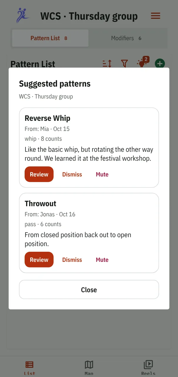 Two suggested patterns waiting in the course list: Mia's Reverse Whip and Jonas's Throwout, each with its type, counts and description, and buttons to review, dismiss or mute