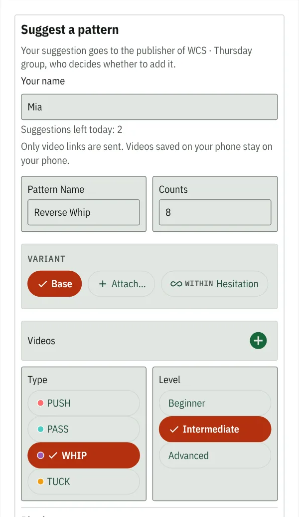 A subscriber suggesting a pattern: signed Mia, with two suggestions left today, the Reverse Whip as an intermediate whip of 8 counts