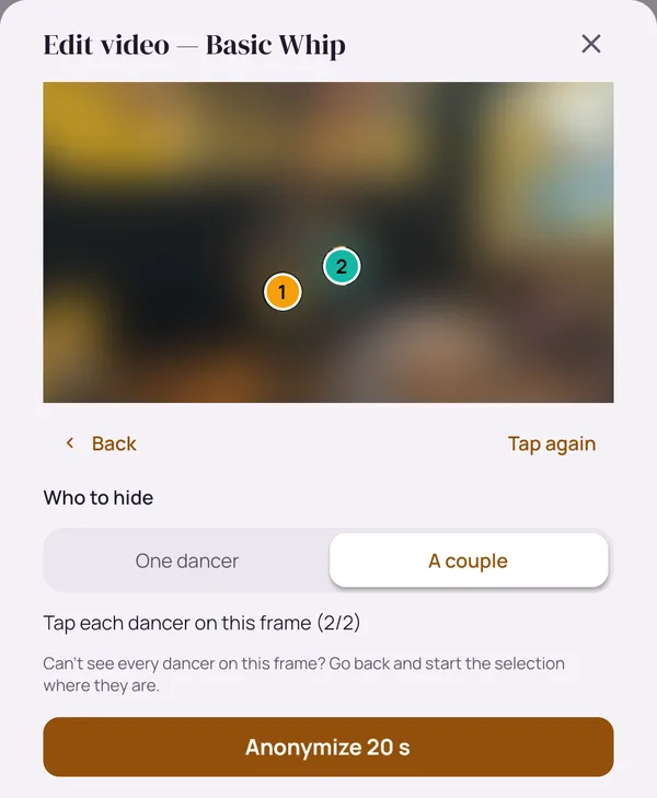 The Anonymize tab: a couple is chosen as who to hide, the two dancers are marked 1 and 2 on a frame of the video, and a button anonymizes the 20 seconds