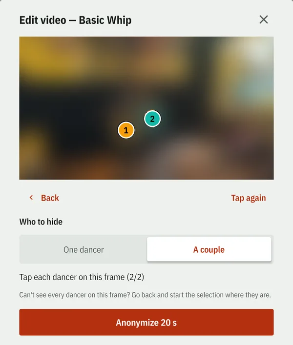 The Anonymize tab: a couple is chosen as who to hide, the two dancers are marked 1 and 2 on a frame of the video, and a button anonymizes the 20 seconds