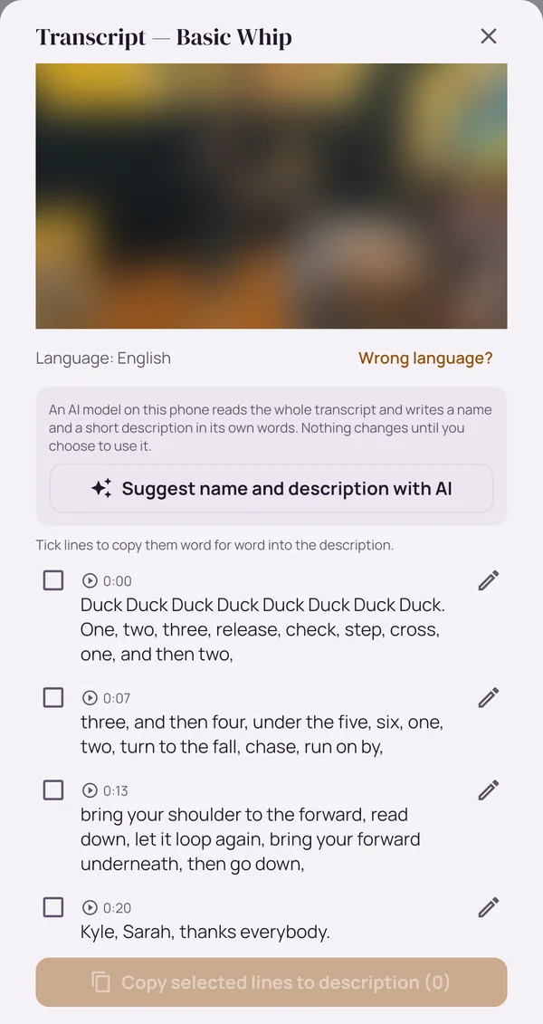 The transcript of the basic whip clip, line by line with timestamps, each with a box to copy it into the description and a pencil to correct it, below a button to suggest a name and description with AI