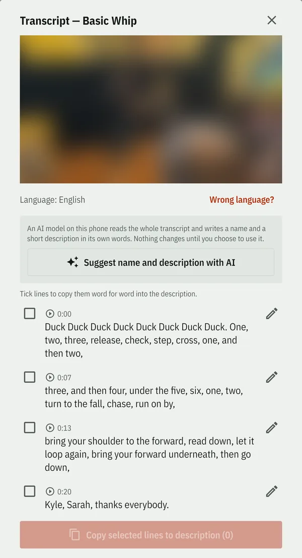 The transcript of the basic whip clip, line by line with timestamps, each with a box to copy it into the description and a pencil to correct it, below a button to suggest a name and description with AI