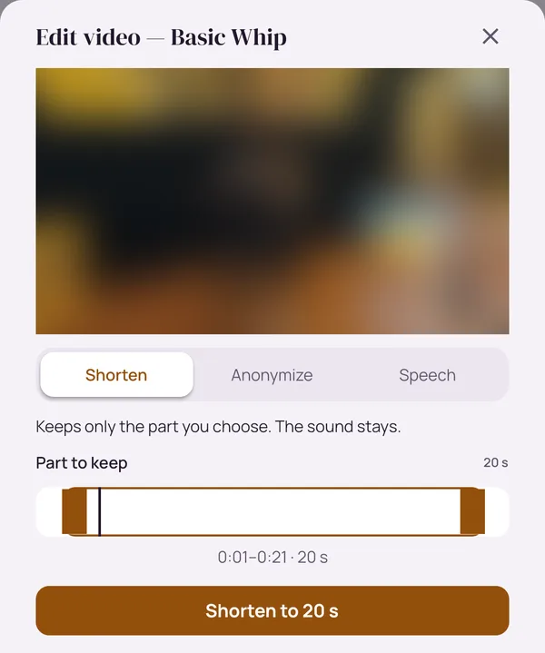 The Edit video sheet on its Shorten tab, with tabs for Anonymize and Speech: 20 seconds of the basic whip clip are selected as the part to keep, above a button to shorten it to 20 seconds